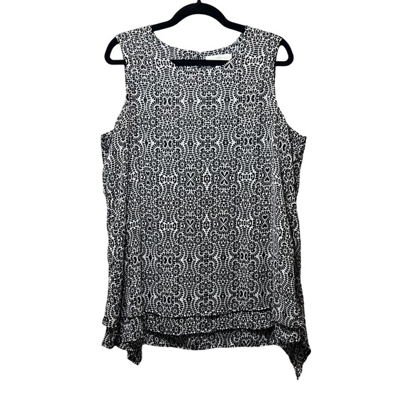 Fever Top Large Black‎ White Print Sleeveless Layered Tunic Blouse Lined Sheer - Picture 1 of 8